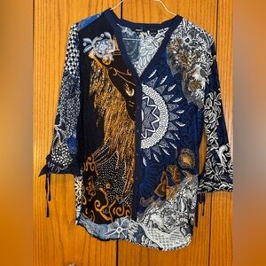 Desigual Impressions Navy and White Blouse with Gold Accents